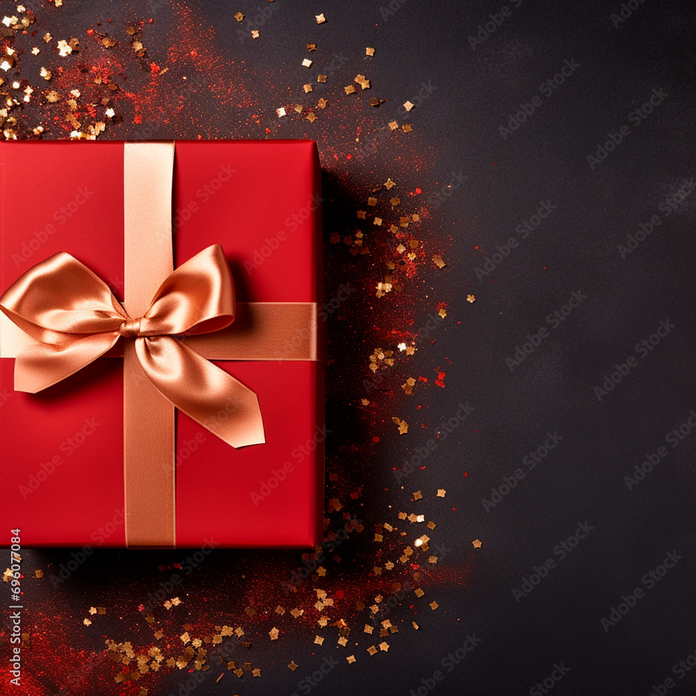 Red gift box with gold satin ribbon and bow, on dark background. 3D design. Christmas gift with space to copy. Flat, top view.