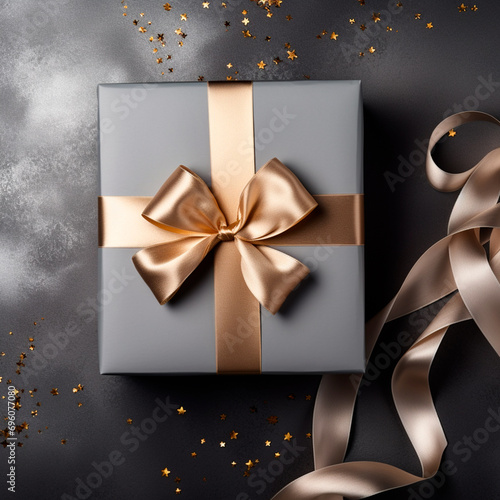 Obraz na płótnie Dark grey gift box with gold satin ribbon and bow, on dark background. 3D design. Christmas gift with space to copy. Flat, top view. w salonie