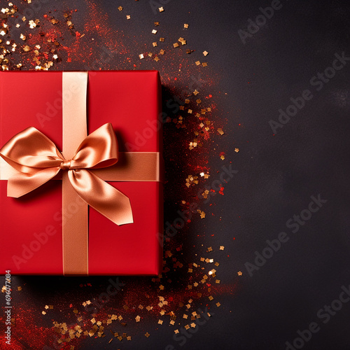 Obraz na płótnie Red gift box with gold satin ribbon and bow, on dark background. 3D design. Christmas gift with space to copy. Flat, top view. w salonie