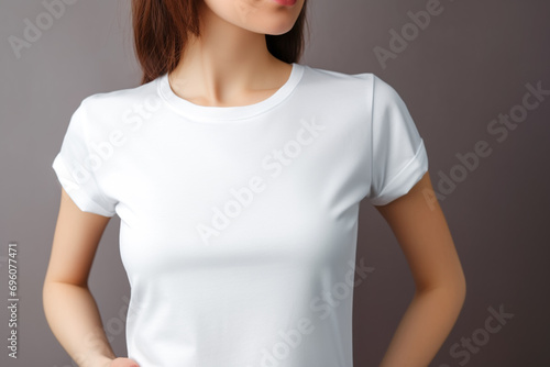 Young woman in white t-shirt. Mock up template for t-shirt design print. 