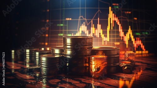 Financial world crisis concept. Barrels of oil with charts and graphs of stock market as a concept of raw material on dark background. Up of oil price, market grow up