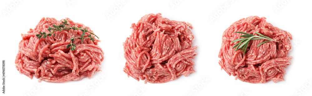 Fresh ground meat on white background, set Fresh ground meat on white background, set