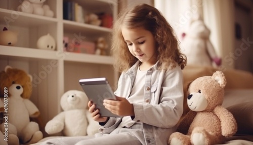 Close up portrait of little cute child baby plays with digital devices and plush toy on background child room. Represent Gen Alpha using digital devices in their daily lives photo