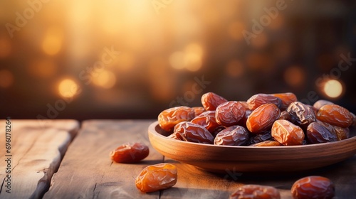 Bowl of dates and traditional iftar dinner treat during ramadan holiday on empty space of wooden table with place for presentation photo