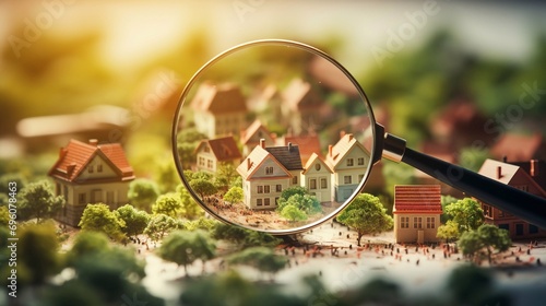 Magnifying glass over models residential house. Searching new house for purchase. Rental housing market photo