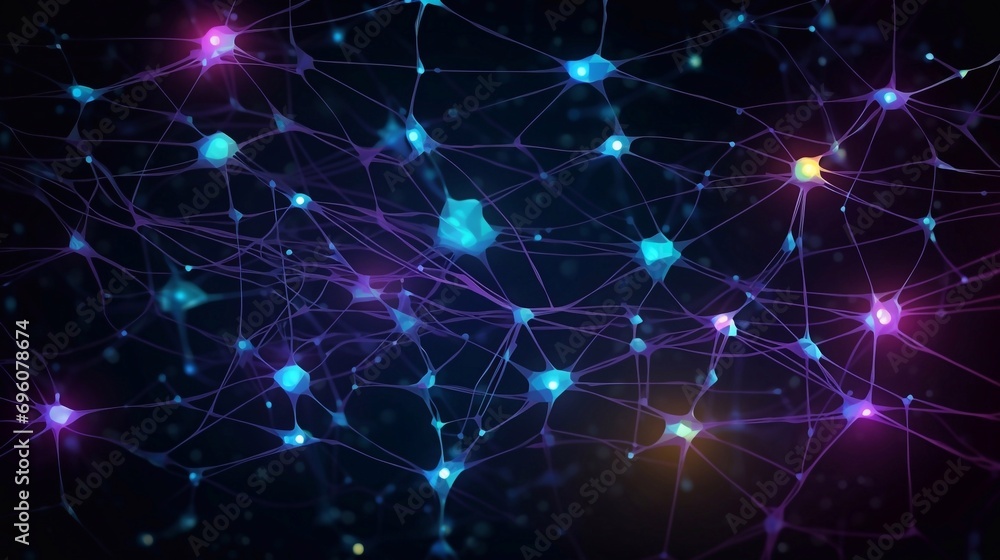 Fototapeta premium Neural patterns network artificial intelligence on neon glow light background. Neural interface aesthetics different designs, machine network neurons elements, fractals texture, waves