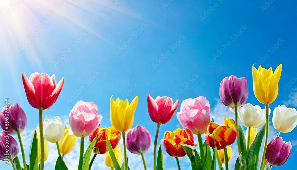 Colorful tulip flowers against blue sky with sun. Spring background