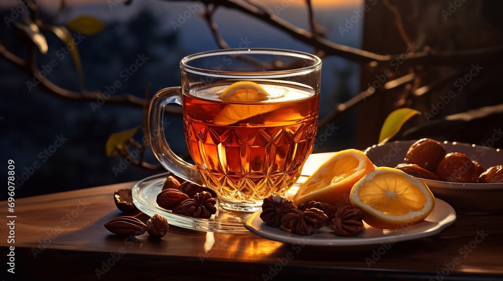 Turkish tea in traditional glass with dried fruits of wooden table with place for presentation. Space for text Turkish tea in traditional glass with dried fruits of wooden table with place for presentation. Space for text