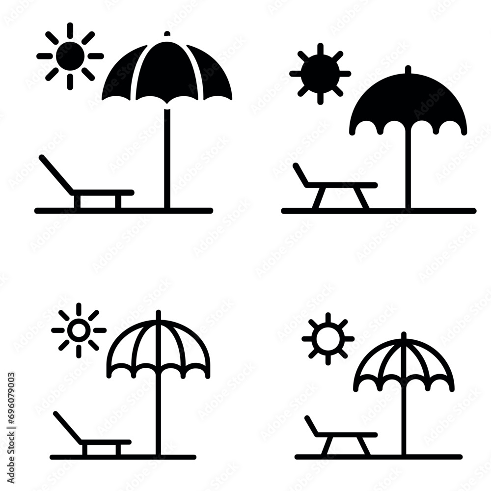 Set of vector images of summer, umbrella and lounge chair Set of vector images of summer, umbrella and lounge chair