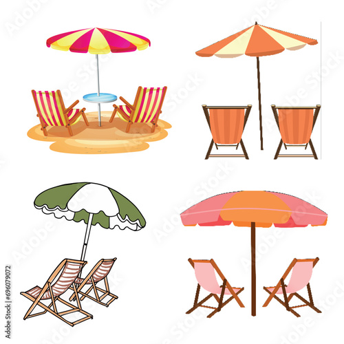 Set of vector images of summer, umbrella and lounge chair