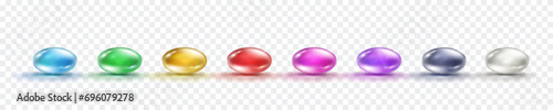 Pill, vitamin E, D or omega 3 fish oil capsules isolated on transparent background. Color 3d antibiotic gel medicine set. Vector realistic serum oval spheres of collagen solution