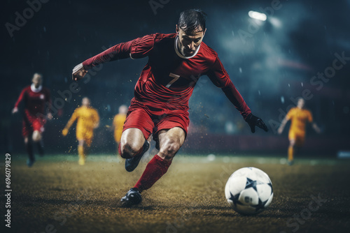 A football player runs across the field with a ball, it is raining. © Dzmitry