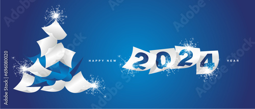 We wish you Happy New Year 2024. Beautiful winter holiday greeting card design template on blue background. White blue paper in the form of Christmas tree and separate New Year 2024 calendar sheets