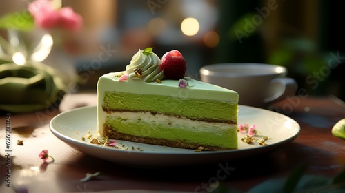 Green tea cake with cream and cup of coffee on wooden table.