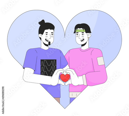 Gay men meeting soulmate 14 february 2D linear illustration concept. Valentine day homosexual couple cartoon characters isolated on white. Enamored lgbt metaphor abstract flat vector outline graphic