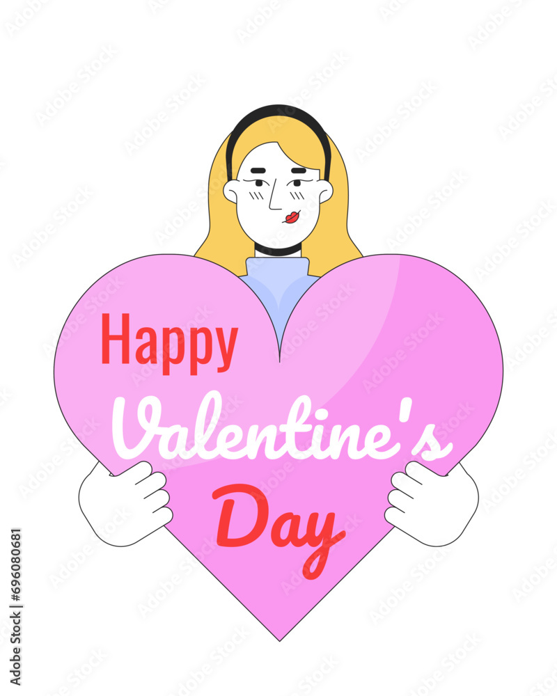 Caucasian woman wishing happy valentine day 2D linear illustration concept. Blonde european girl cartoon character isolated on white. 14 february romantic metaphor abstract flat vector outline graphic Caucasian woman wishing happy valentine day 2D linear illustration concept. Blonde european girl cartoon character isolated on white. 14 february romantic metaphor abstract flat vector outline graphic