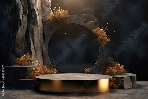 Canvastavla round podium with gold-plated plants for the presentation of luxury products