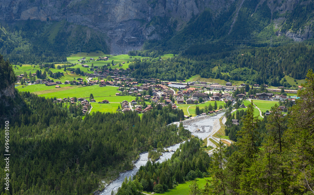 Aerial view of mountain village in Kandersteg, Switzerland, sunny landscape