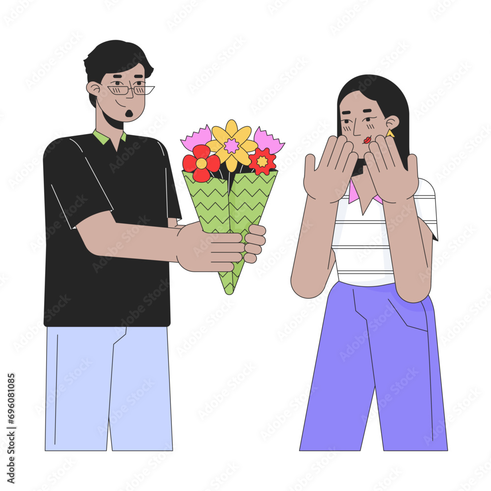 Boyfriend giving bouquet flowers to girlfriend line cartoon flat illustration. Arab couple heterosexual 2D lineart characters isolated on white background. Romantic scene vector color image Boyfriend giving bouquet flowers to girlfriend line cartoon flat illustration. Arab couple heterosexual 2D lineart characters isolated on white background. Romantic scene vector color image