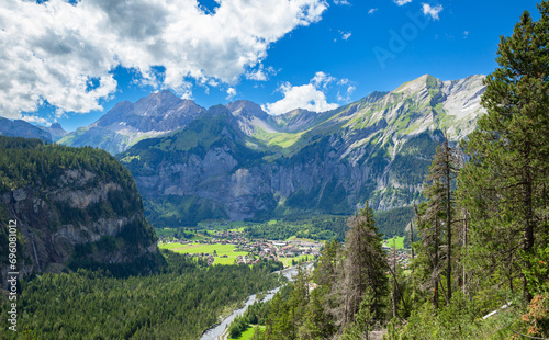 Alpine mountain and village view in Kandersteg, Switzerland, sunny landscape © Echo