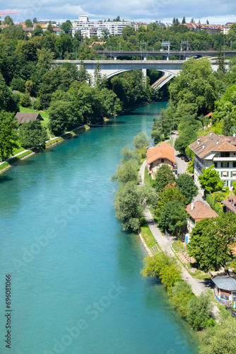 aerial view of Aare sapphire blue river with bridge, Bern, Switzerland