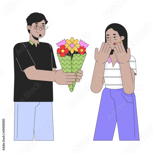 Boyfriend giving bouquet flowers to girlfriend line cartoon flat illustration. Arab couple heterosexual 2D lineart characters isolated on white background. Romantic scene vector color image