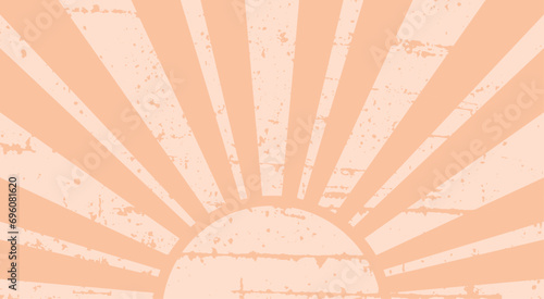 Vintage sun in peach colors. Sunbeams with retro style. Vector background in grunge style. Horizontal banner. Peach Fuzz is color of 2024.