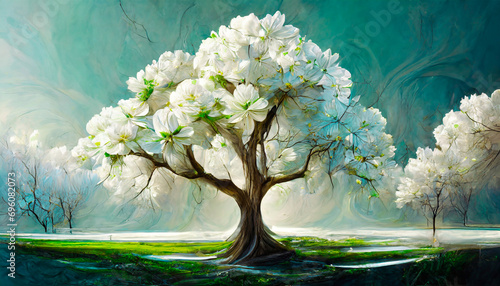 Piękne drzewo, białe egzotyczne kwiaty, modne wnętrza
