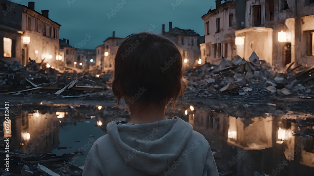 Obraz premium Portrait of child looking over destroyed town. Alone with back to camera