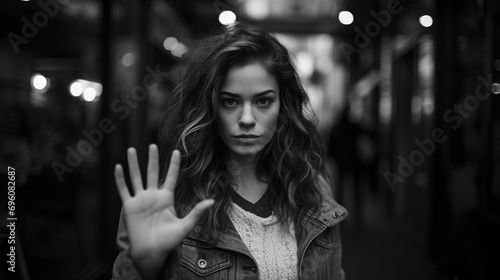 Young woman extend hand in stop gesture oppose against violation of women rights