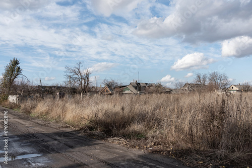 As a result of the occupation, a Ukrainian village was destroyed. Donetsk region (concept: war in Ukraine)