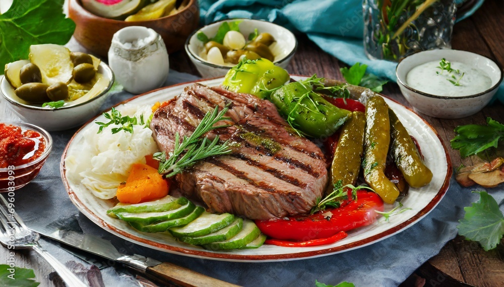 bbq beef steak with pickled veggies cucumber cabbage beeroot marinated pepper dinner party bbq beef steak with pickled veggies cucumber cabbage beeroot marinated pepper dinner party