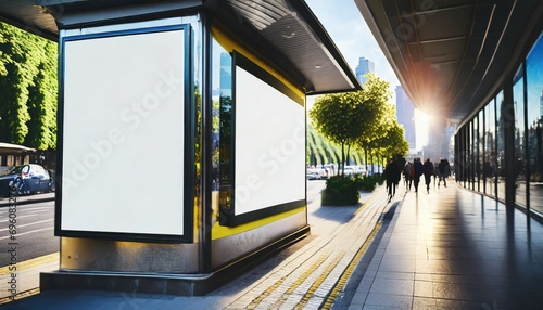 bus station billboard with blank copy space screen for your advertising text message or promotional content empty mock up lightbox for information stop shelter clear poster in urban city scene