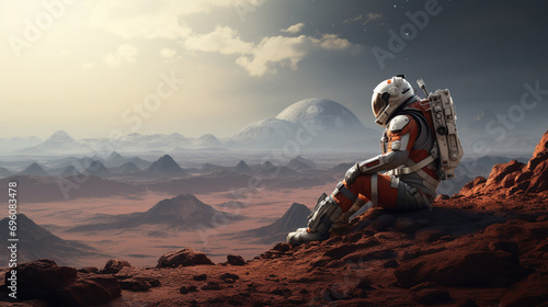 An astronaut in a white spacesuit sits on a rocky outcropping on a red planet, gazing out at the vast, alien landscape. ai generated.
