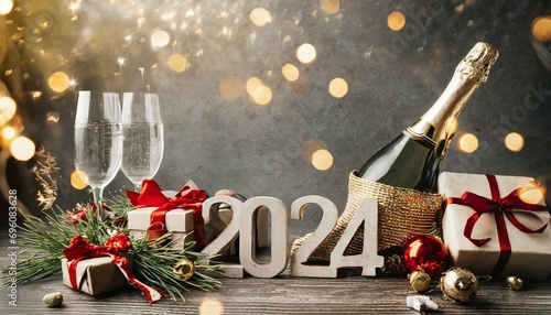 happy new year 2024 background new year holidays card with bright lights gifts and bottle of hampagne photo