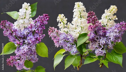 set of lilac syringa vulgaris purple and white bloom bush yankee doodle belle de nancy springtime shrub on a background perfectly cutout