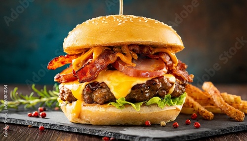 juicy gourmet cheeseburger with melted pepper jack and strips of crispy bacon