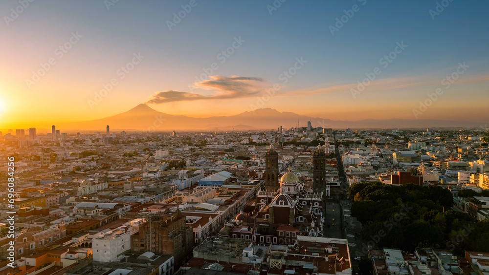 Puebla Mexico the city of angels from above the historic center with the volcanoes in the background