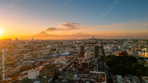 Puebla Mexico the city of angels from above the historic center with the volcanoes in the background photo