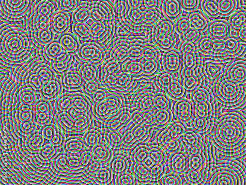 Abstrakcyjne tło. Mozaika przeźroczystych nakładających się na siebie okrągłych kształtów w tęczowych gradientowych barwach z cyfrowym efektem luminescencji - obrazy, fototapety, plakaty 
