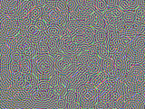 Abstrakcyjne tło. Mozaika przeźroczystych nakładających się na siebie okrągłych kształtów w tęczowych gradientowych barwach z cyfrowym efektem luminescencji