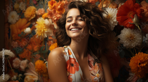 Smiling woman with radiant skin against floral background, AI Generated