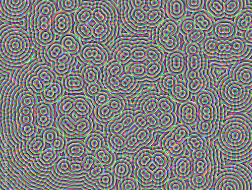 Abstrakcyjne tło. Mozaika przeźroczystych nakładających się na siebie okrągłych kształtów w tęczowych gradientowych barwach z cyfrowym efektem luminescencji