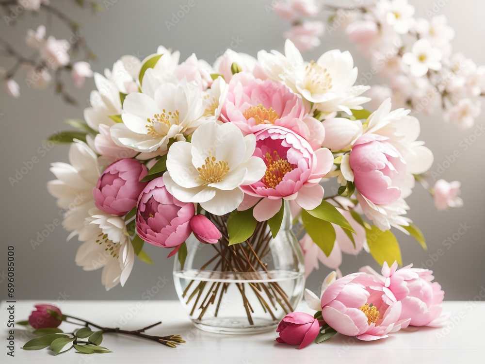 Whispers of Spring: Dogwood and Peony Bouquet Blossoming on a White Canvas Whispers of Spring: Dogwood and Peony Bouquet Blossoming on a White Canvas