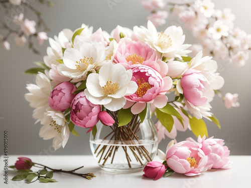 Whispers of Spring: Dogwood and Peony Bouquet Blossoming on a White Canvas