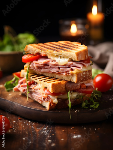 Close up of panini sandwich with ham and cheese  wooden kitchen table  blurry background 