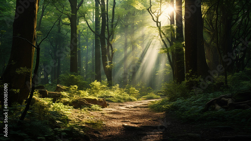 beautiful forest with sunlight filtering through the trees © 1st footage