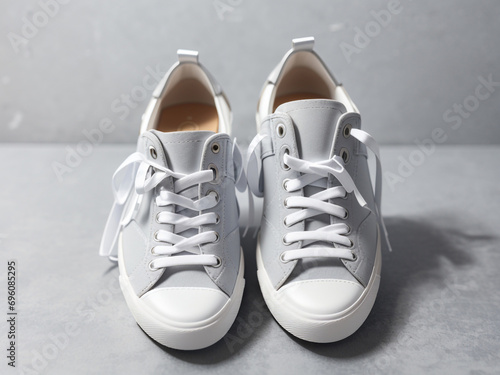Fashion Fusion: Stylish White Sneakers and Jeans on Grey Background
