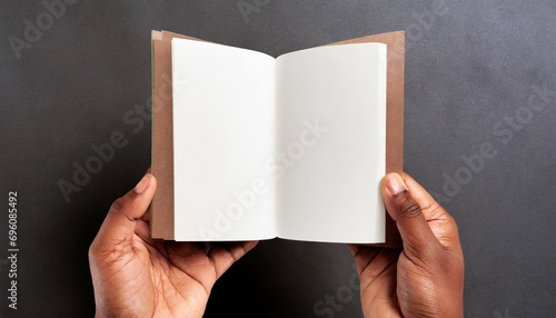 hands holding open square book or album with blank pages cut out photo