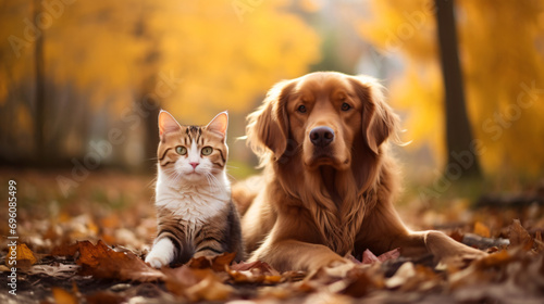 Cat and dog together in autumn park